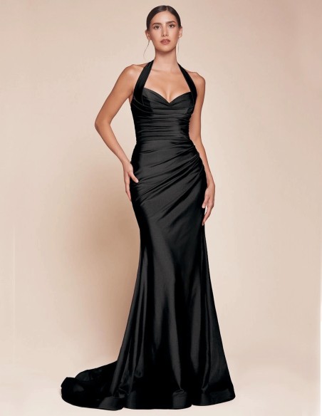 Long evening dress for guest with halter neckline