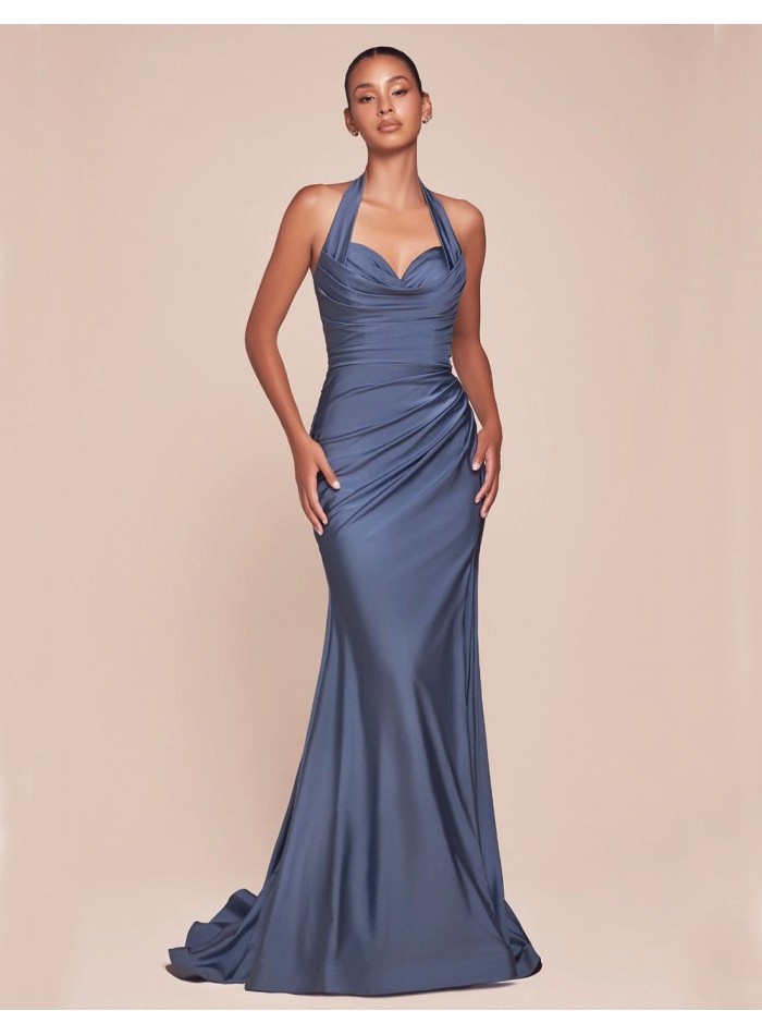 Long evening dress for guest with halter neckline