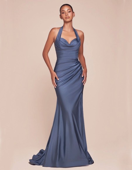 Long evening dress for guest with halter neckline