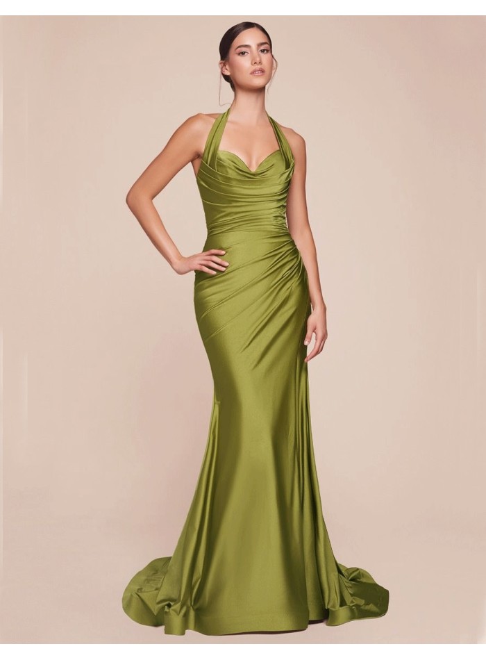 Long evening dress for guest with halter neckline