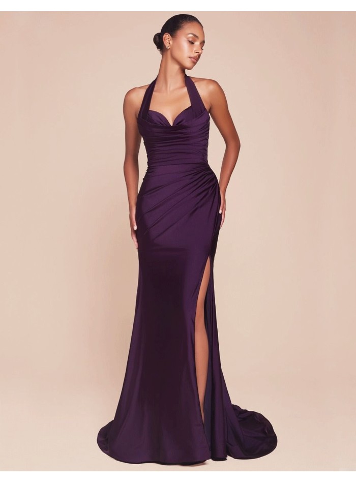 Long evening dress for guest with halter neckline