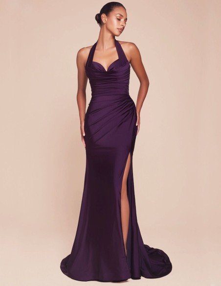Long evening dress for guest with halter neckline