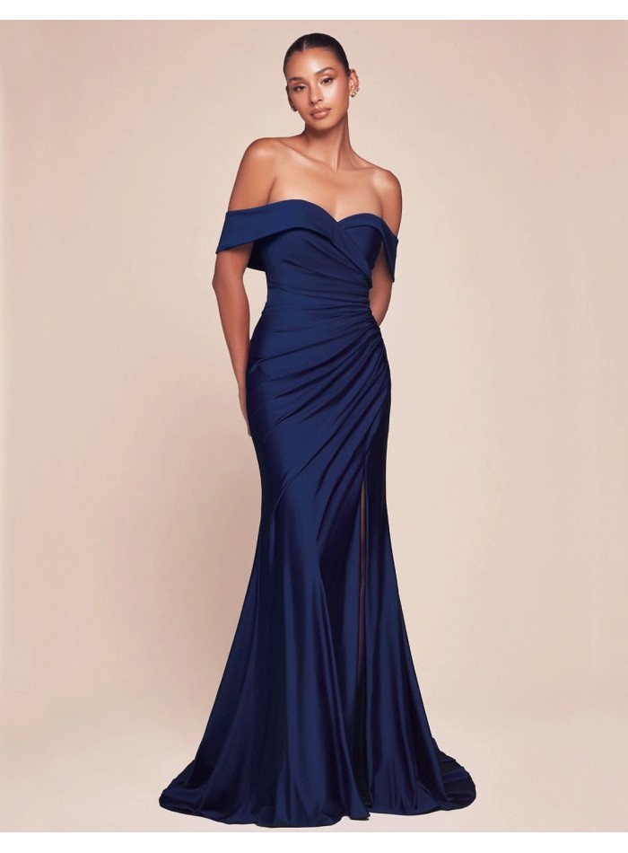 Maxi satin party dress with bandeau neckline for guest