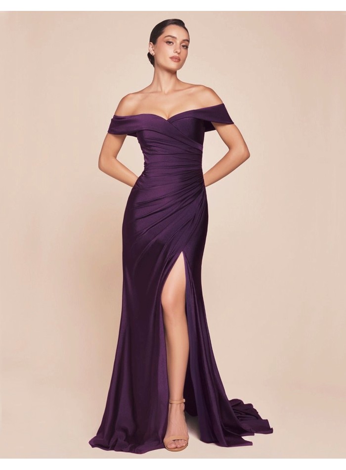 Maxi satin party dress with bandeau neckline for guest