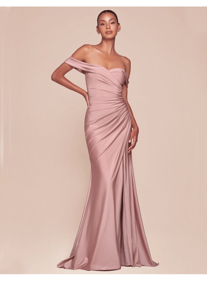 Maxi satin party dress with bandeau neckline for guest