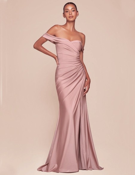 Maxi satin party dress with bandeau neckline for guest