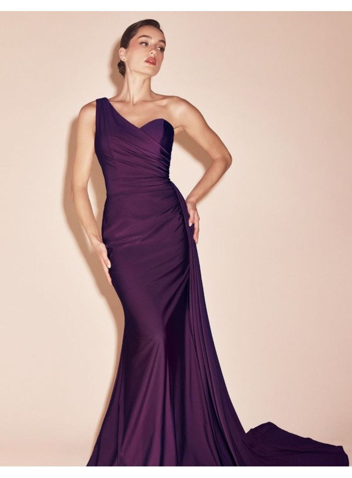 Asymmetrical stretch satin guest dress