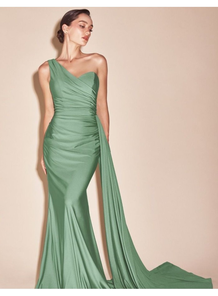 Asymmetrical stretch satin guest dress