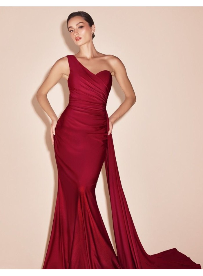 Asymmetrical stretch satin guest dress