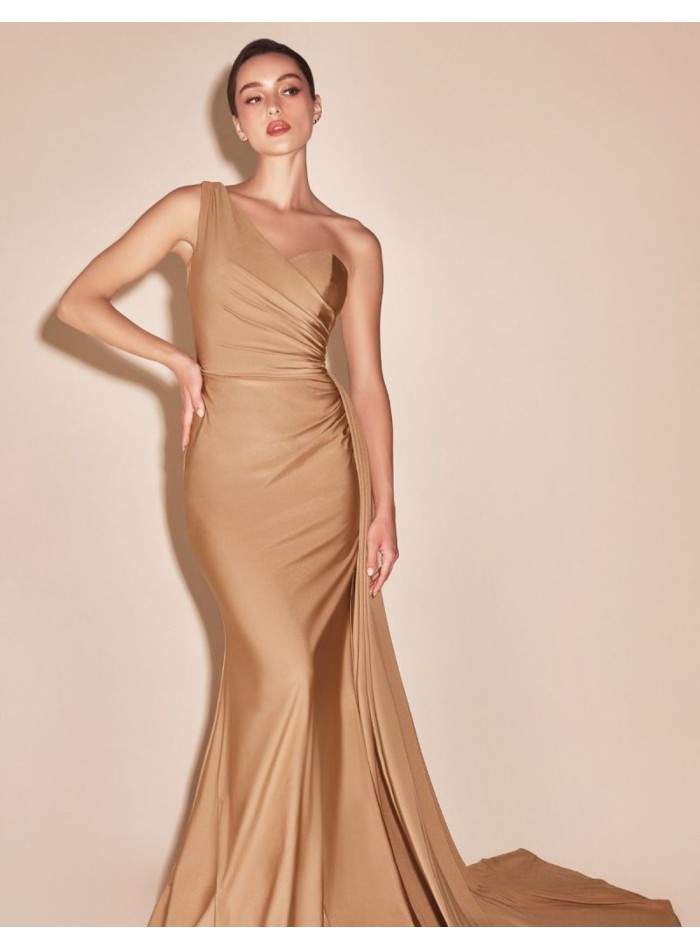 Asymmetrical stretch satin guest dress