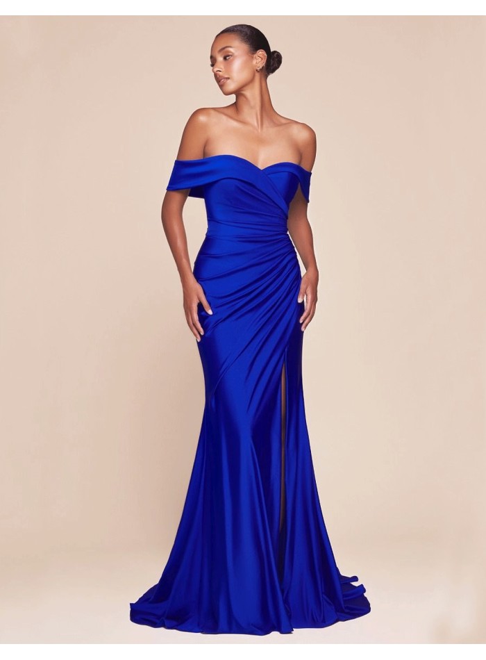 Maxi satin party dress with bandeau neckline for guest