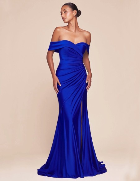 Maxi satin party dress with bandeau neckline for guest