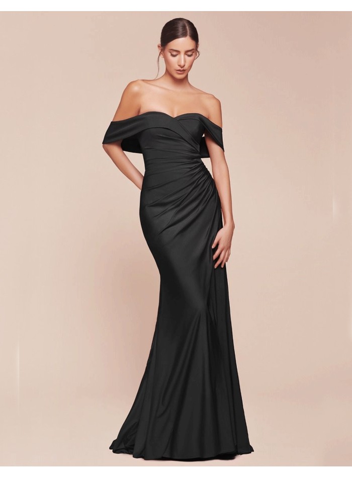 Maxi satin party dress with bandeau neckline for guest