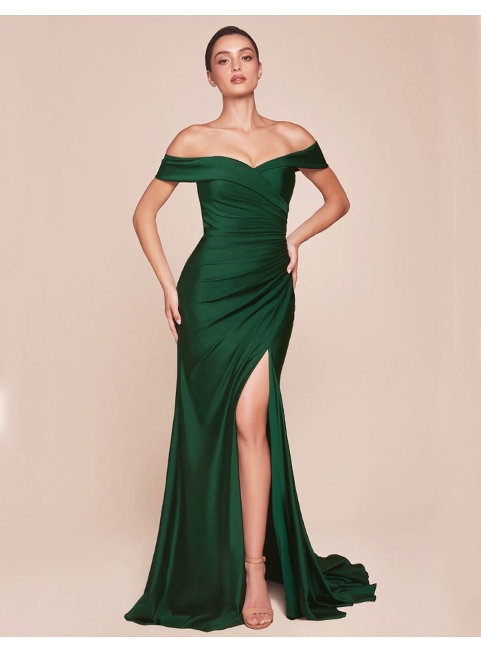 Maxi satin party dress with bandeau neckline for guest