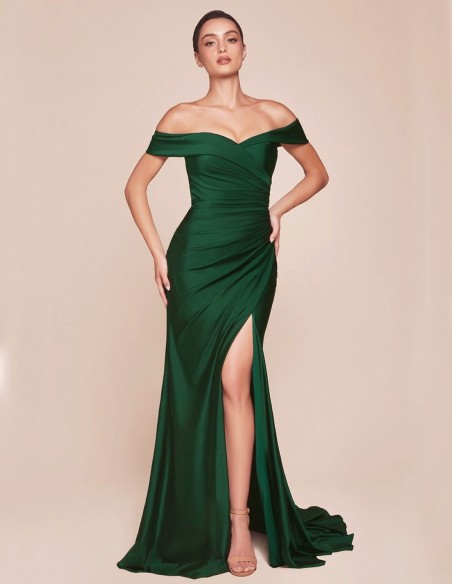 Maxi satin party dress with bandeau neckline for guest