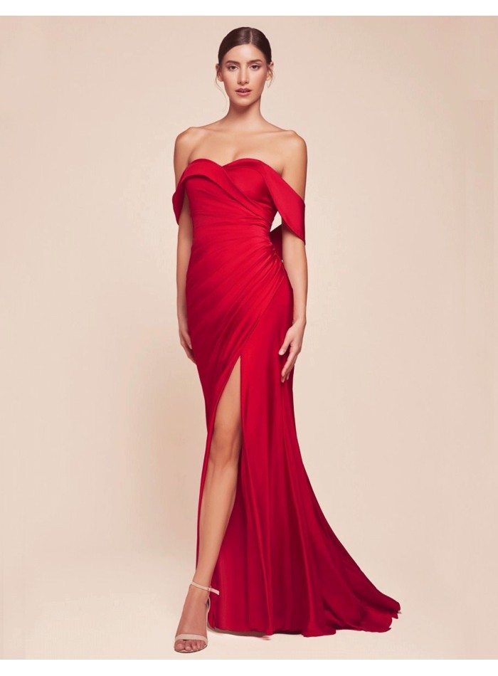 Maxi satin party dress with bandeau neckline for guest