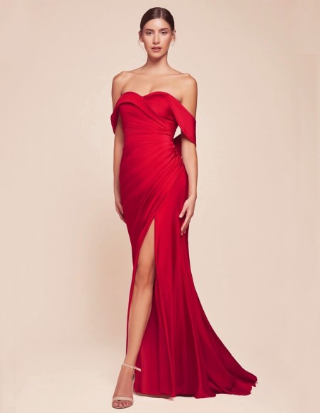 Maxi satin party dress with bandeau neckline for guest