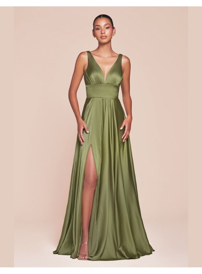 Gown satin dress with V-neckline and sash