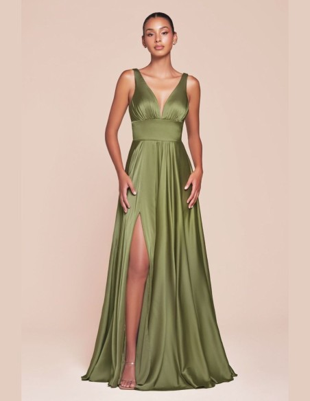 Gown satin dress with V-neckline and sash