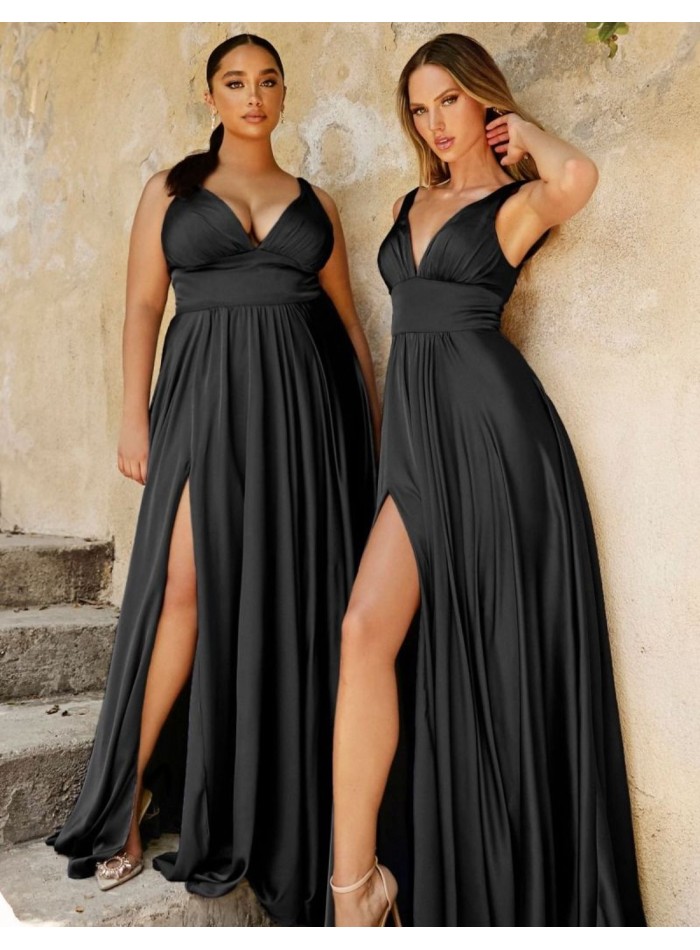 Gown satin dress with V-neckline and sash