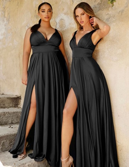 Vestido de fiesta largo satinado con escote en V y fajín