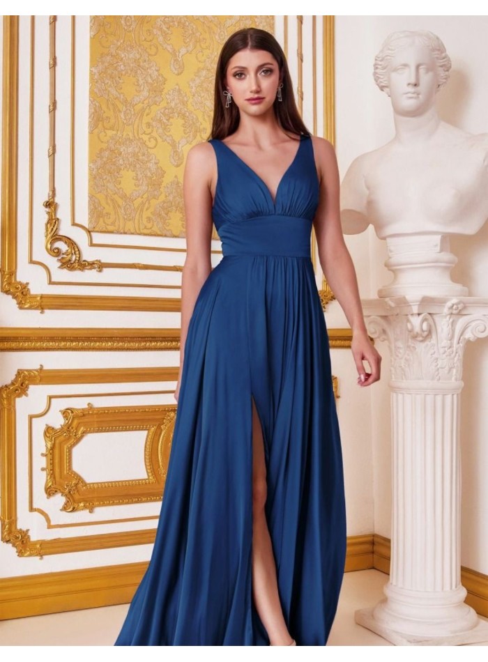 Gown satin dress with V-neckline and sash