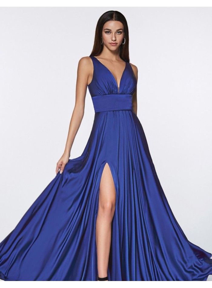 Gown satin dress with V-neckline and sash