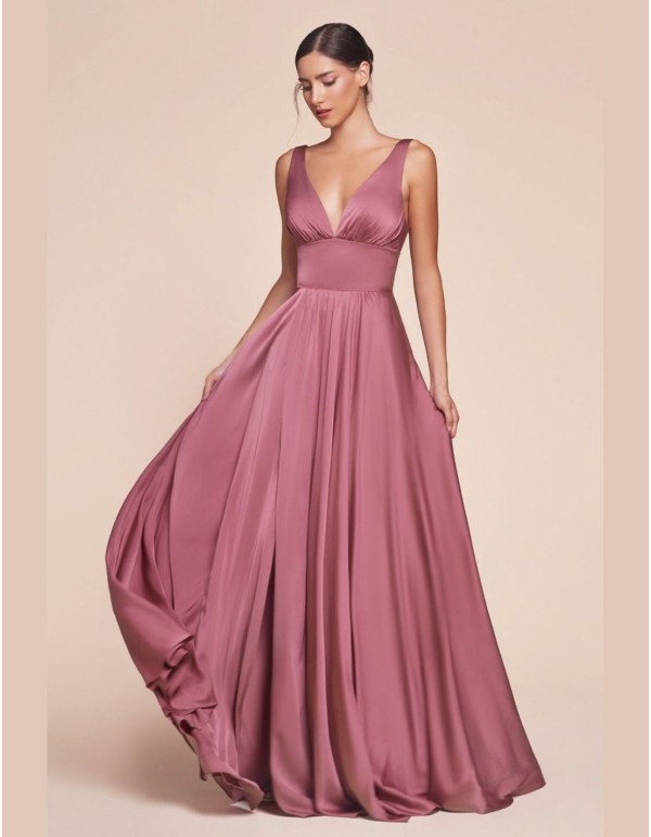 Vestido de fiesta largo satinado con escote en V y fajín 2