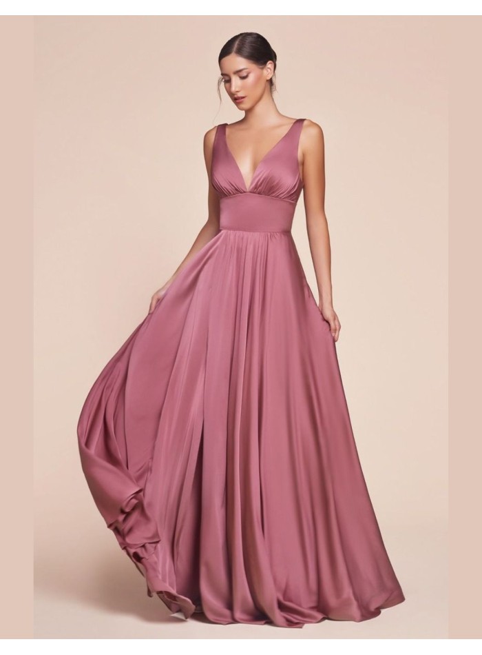 Gown satin dress with V-neckline and sash