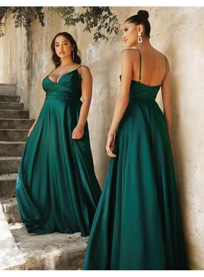 Gown satin dress with slit and thin straps