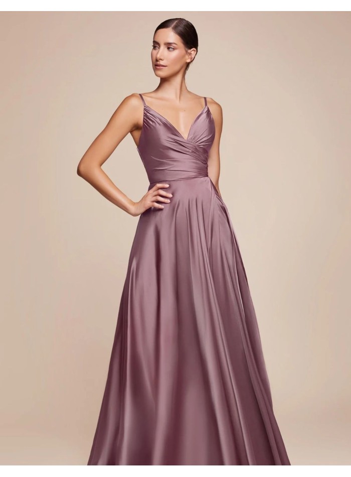 Gown satin dress with slit and thin straps