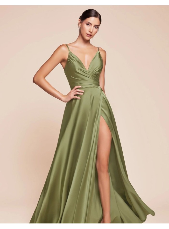 Gown satin dress with slit and thin straps