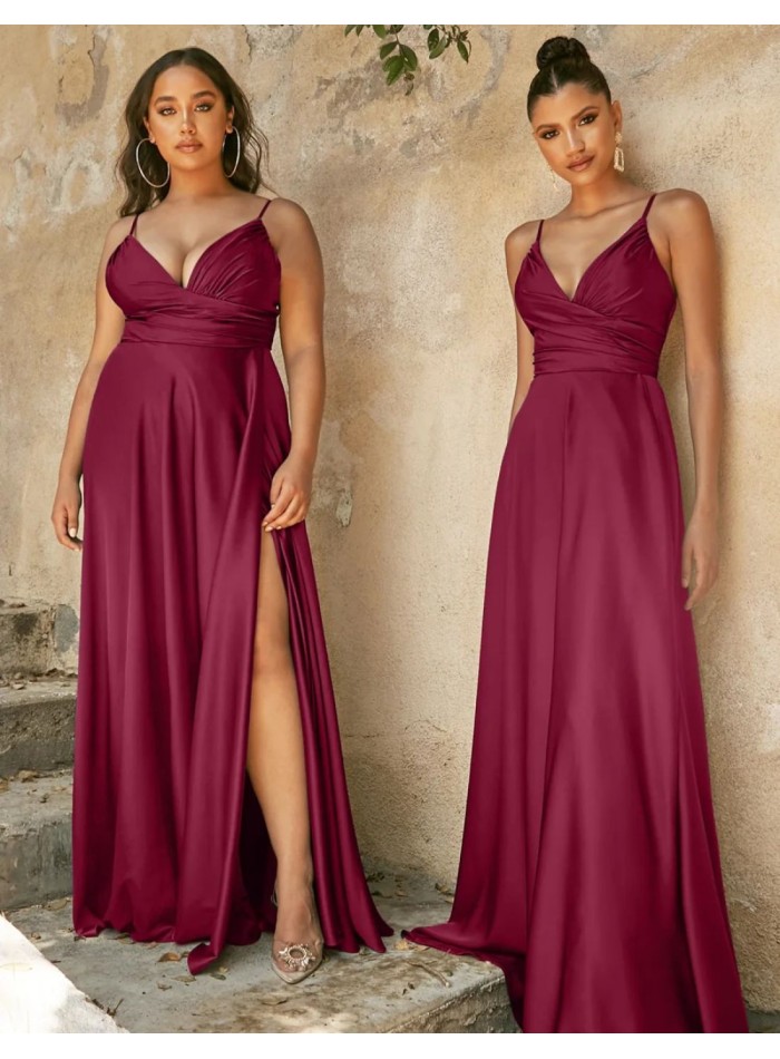 Gown satin dress with slit and thin straps