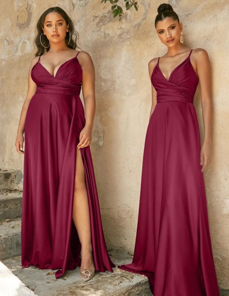 Gown satin dress with slit and thin straps