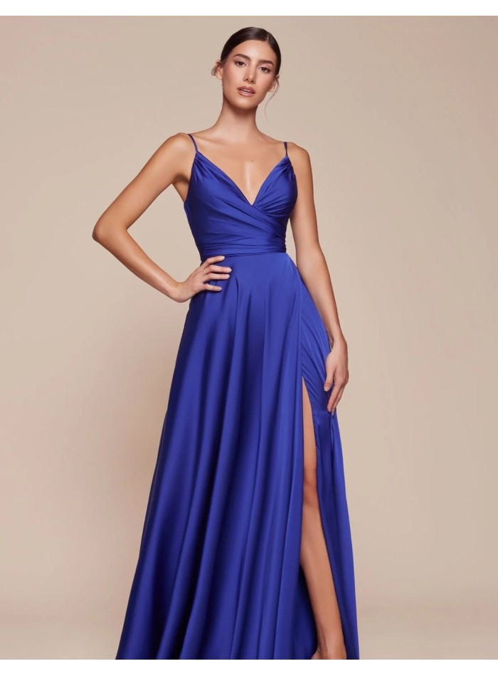 Gown satin dress with slit and thin straps