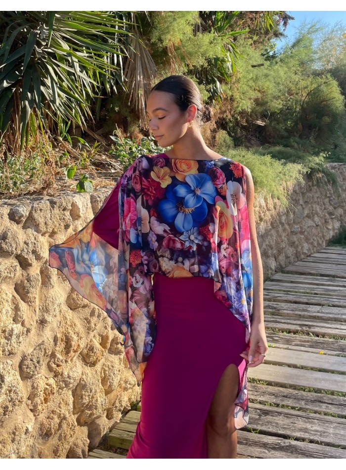 Floral printed chiffon guest short cape