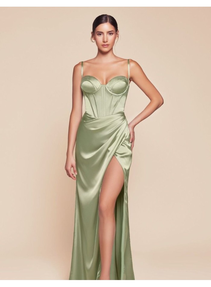 Long satin dress with bodice and thin straps