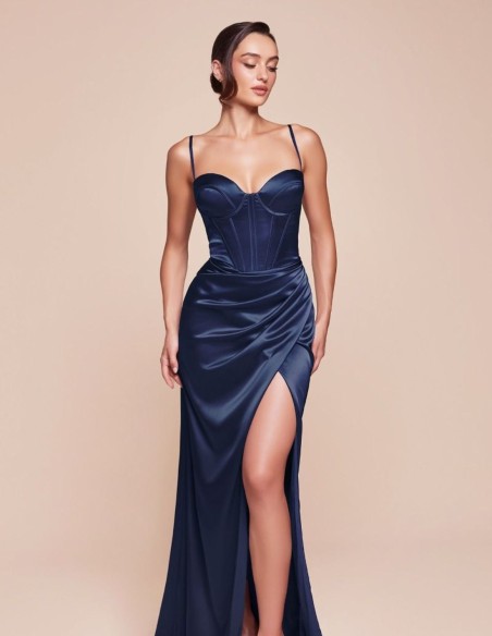 Long satin dress with bodice and thin straps