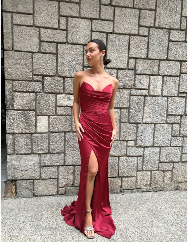 strapless satin ball gown with draped bodice and front...