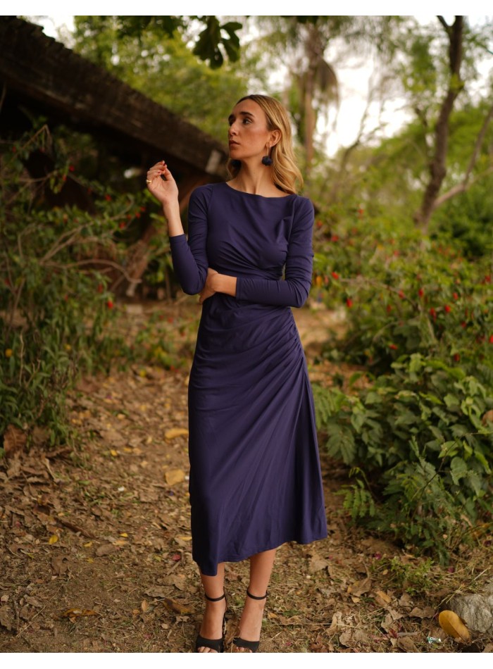 Robe midi en tricot de soie marine
