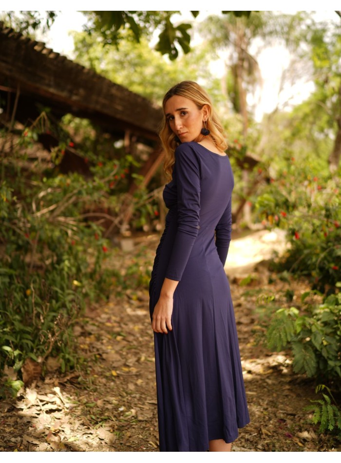 Robe midi en tricot de soie marine