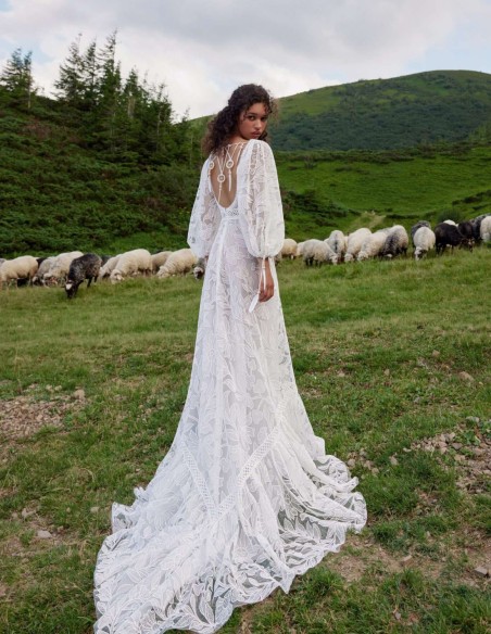 Boho style wedding dress with macramé and lace
