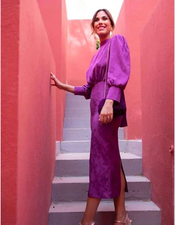 Vestido midi tejido jacquard con lazadas