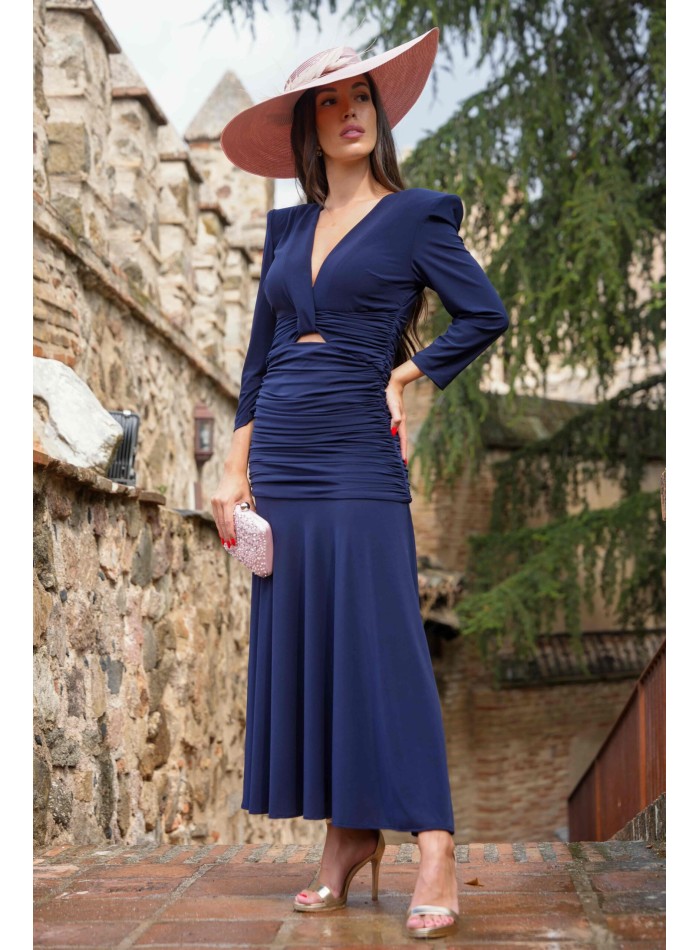 Navy blue draped midi party dress with long sleeves