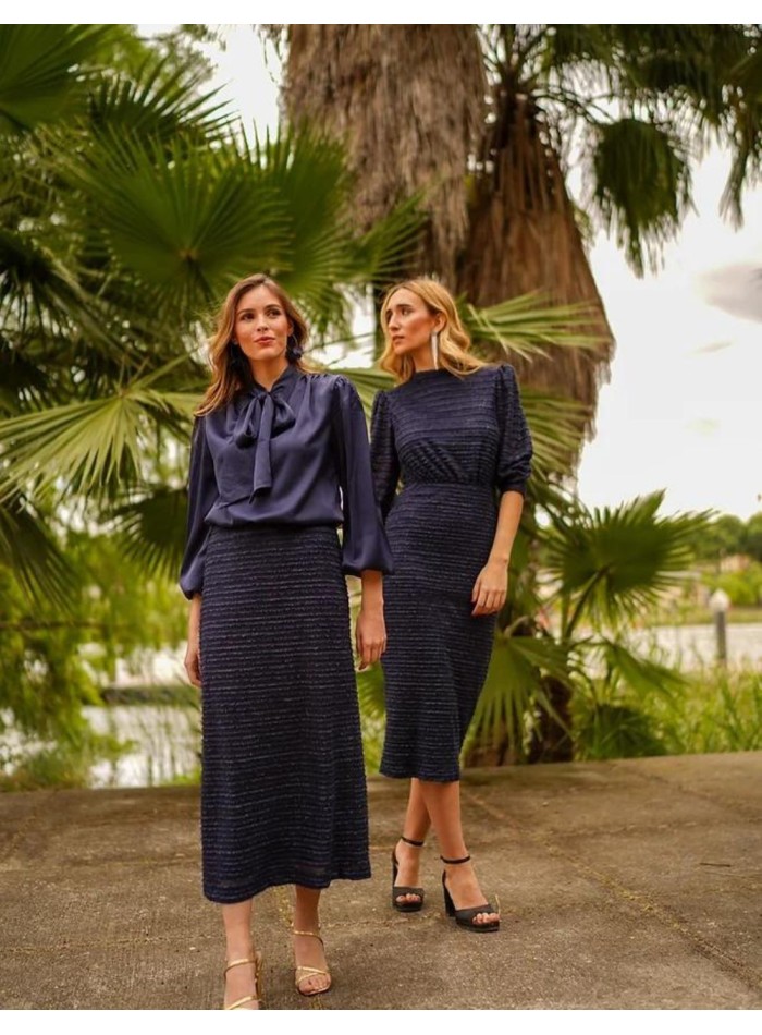 Jupe midi en maille marine