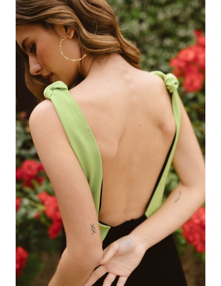 Bicolor midi party dress for guest with sling and V-neckline