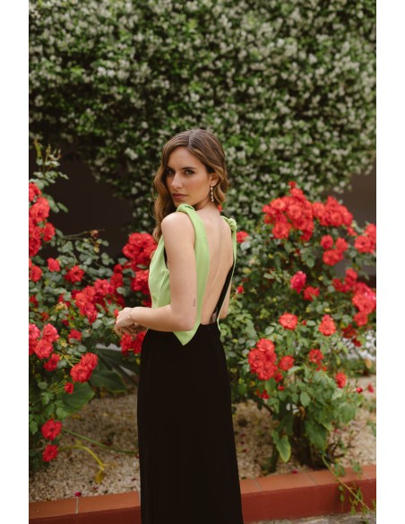 Bicolor midi party dress for guest with sling and V-neckline
