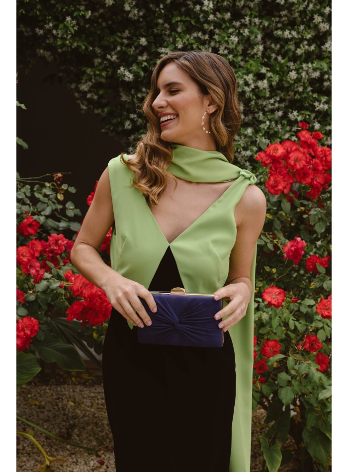 Vestido midi de fiesta para invitada bicolor con fular y escote en pico