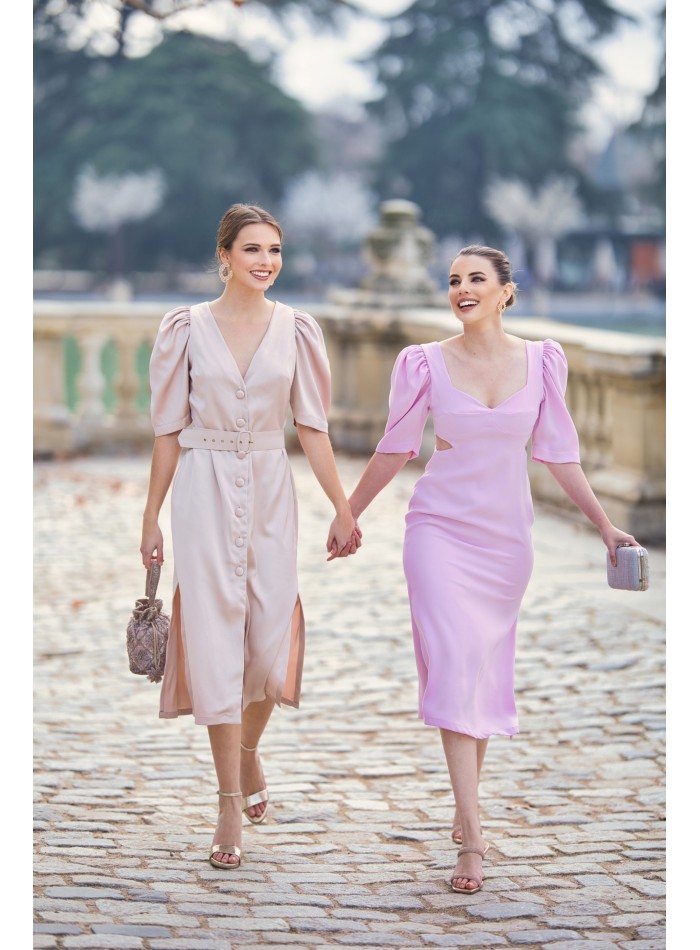 Midi dress for guest with cut-out and maxi bow