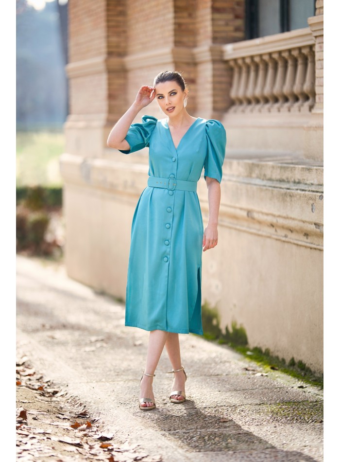 Satin midi dress with puffed sleeve and belt